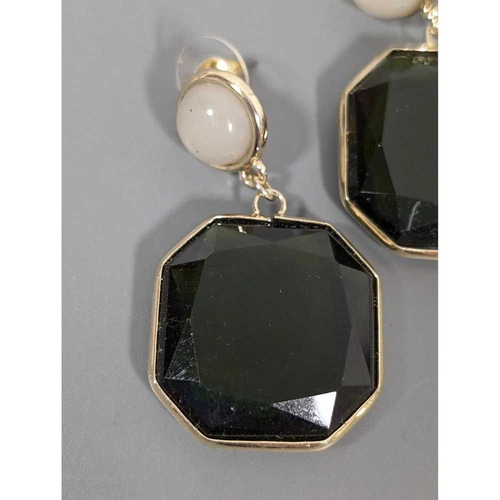 Green‎ Acrylic Bezel Set Drop Earrings Gold Tone Geometric Dangle Pierced